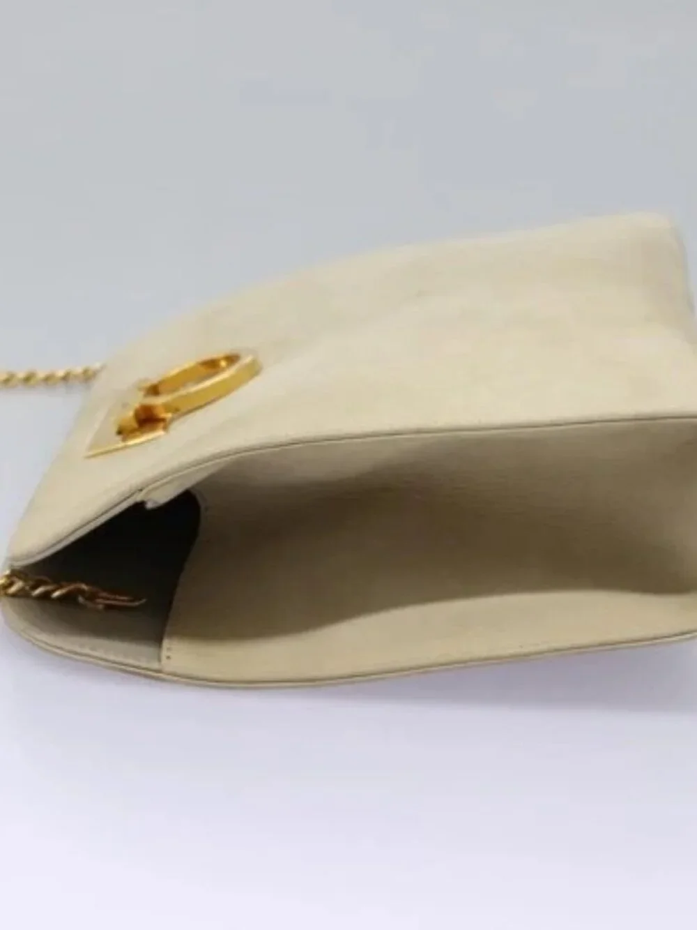 Salvatore Ferragamo Gancini Chain Shoulder Bag Suede Beige Gold Auth MY113